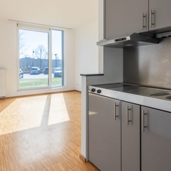 Apartment with modern kitchenette and large window for plenty of daylight