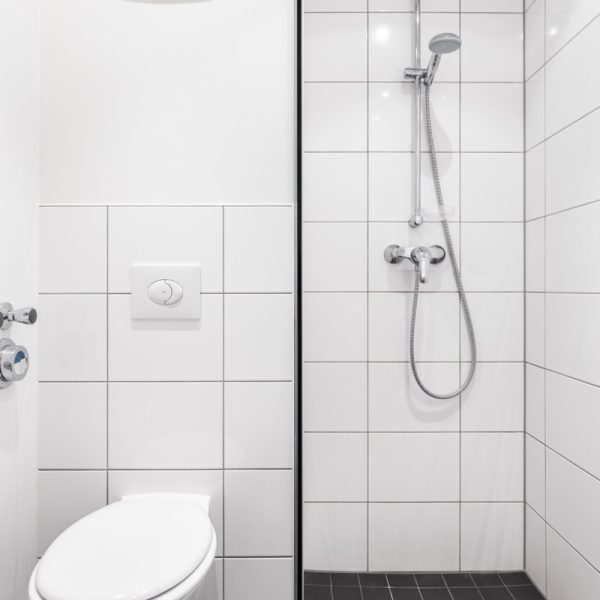Modern bathroom with floor-level shower and real glass partition