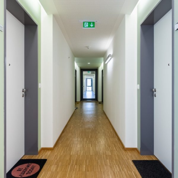 Bright hallway with access to several residential units