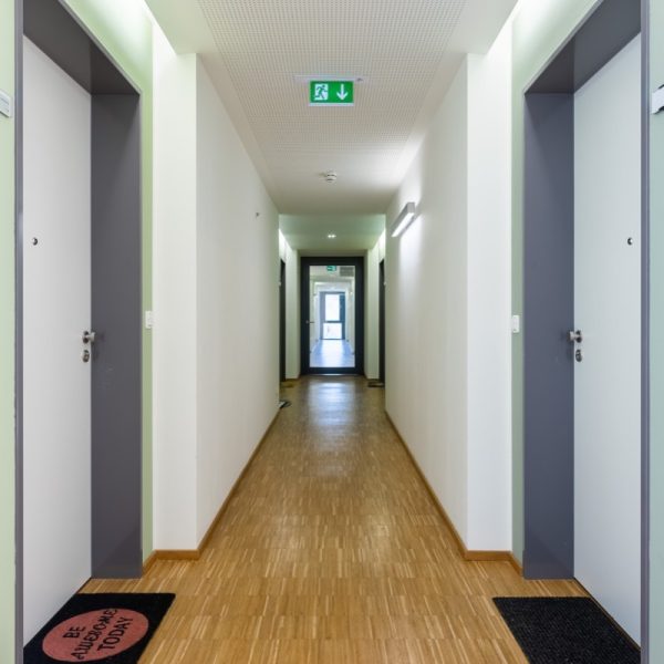 Bright hallway with access to several residential units