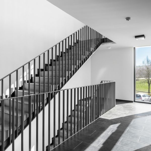 Bright stairwell with modern railings and natural light